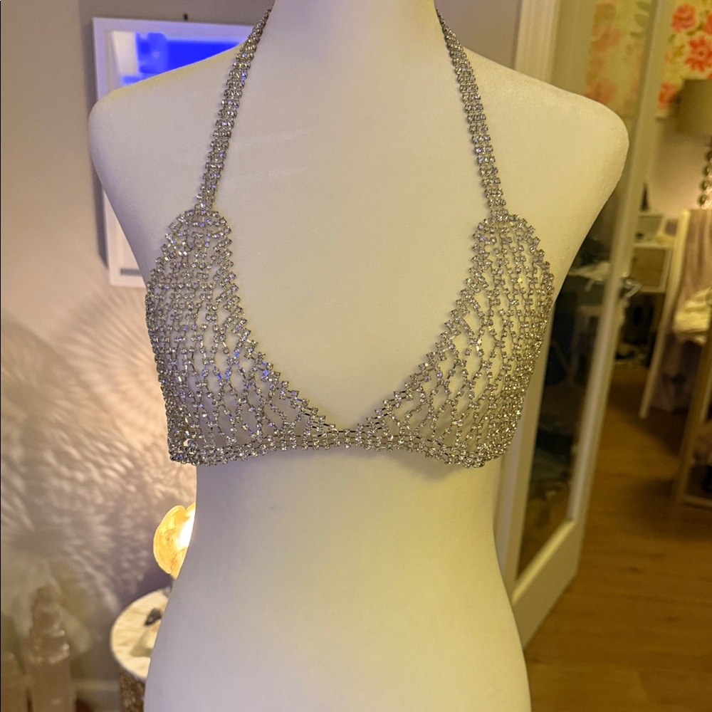 Source Unknown Silver Beaded Crop Top - image 1
